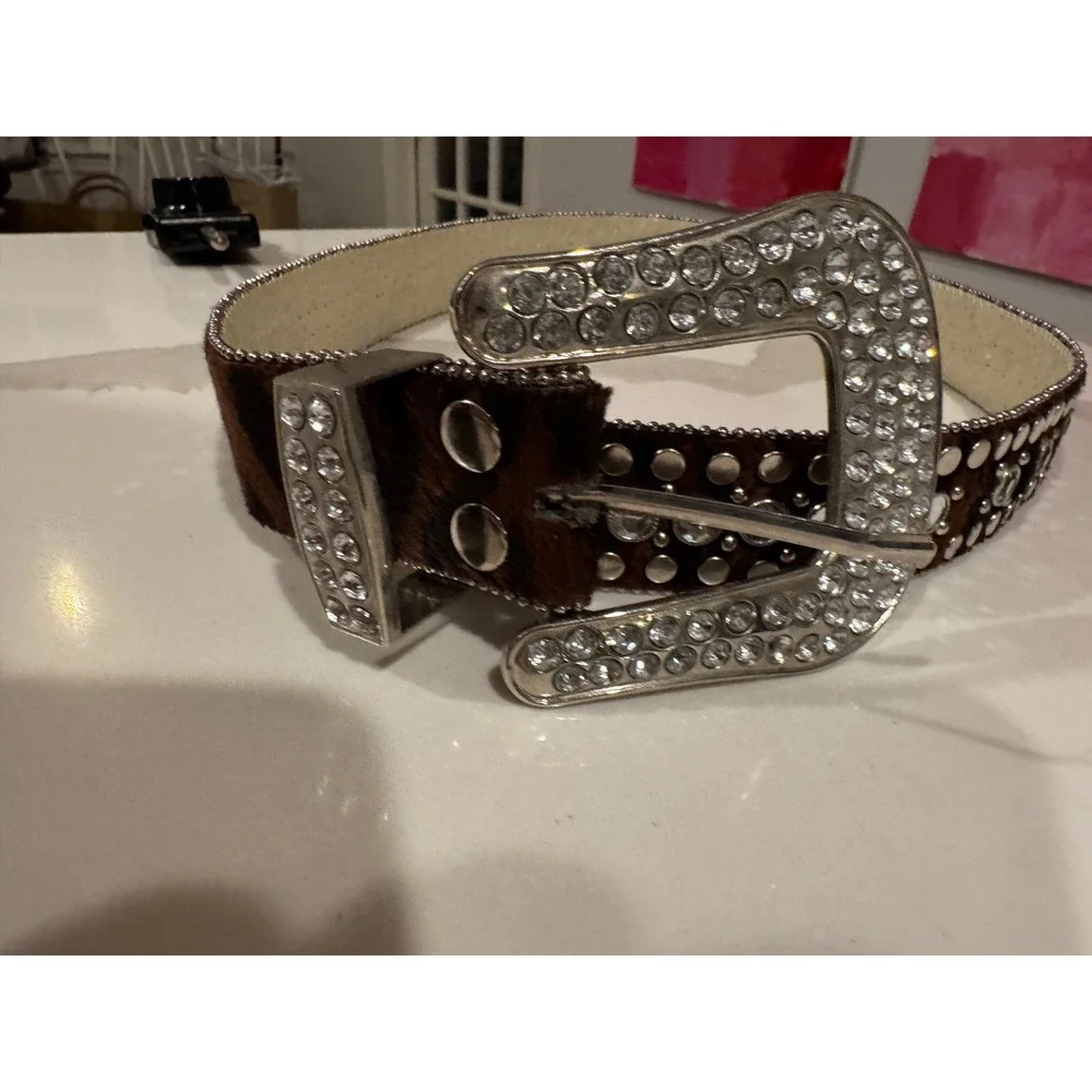 Womens Brown Calf Hair Rhinestone Studded Western Belt Silver Buckle Size S